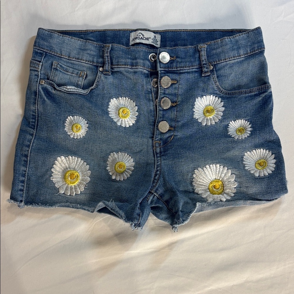 Jordache Blue Denim Shorts with White & Yellow Daisy Embroidery